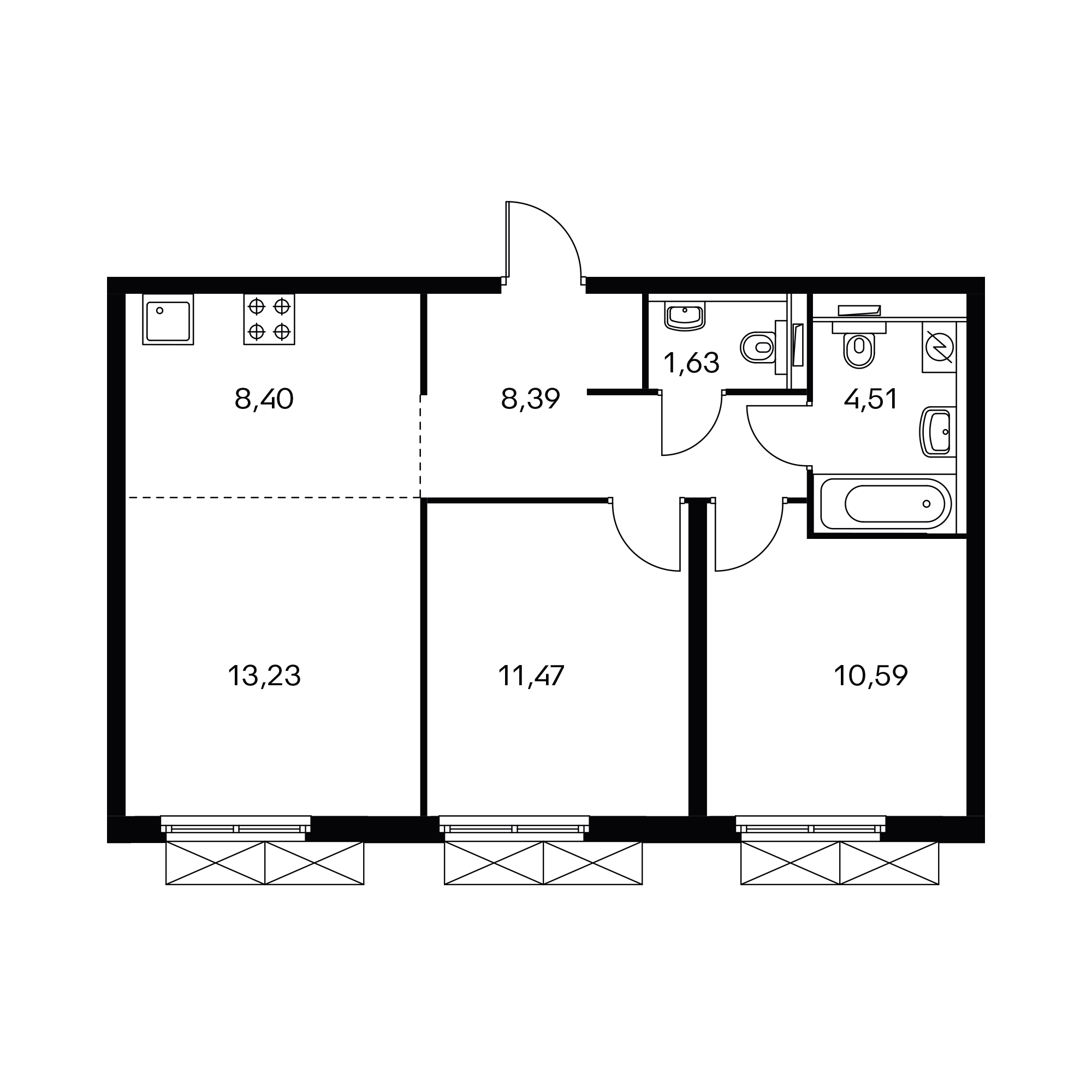 3-комнатная 58.9 м²