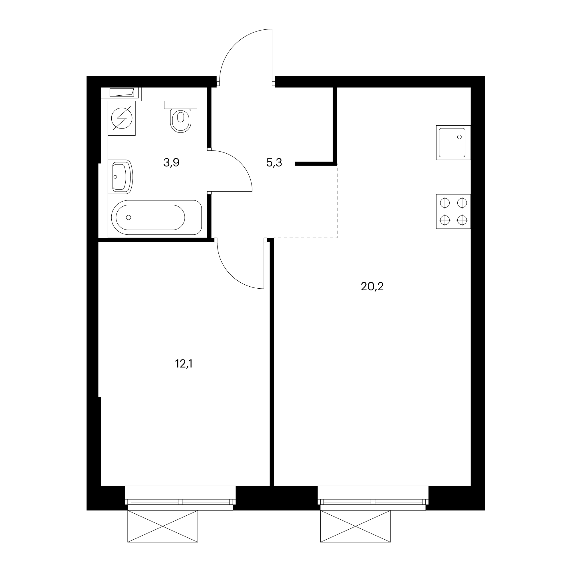 1-комнатная 45.9  м²