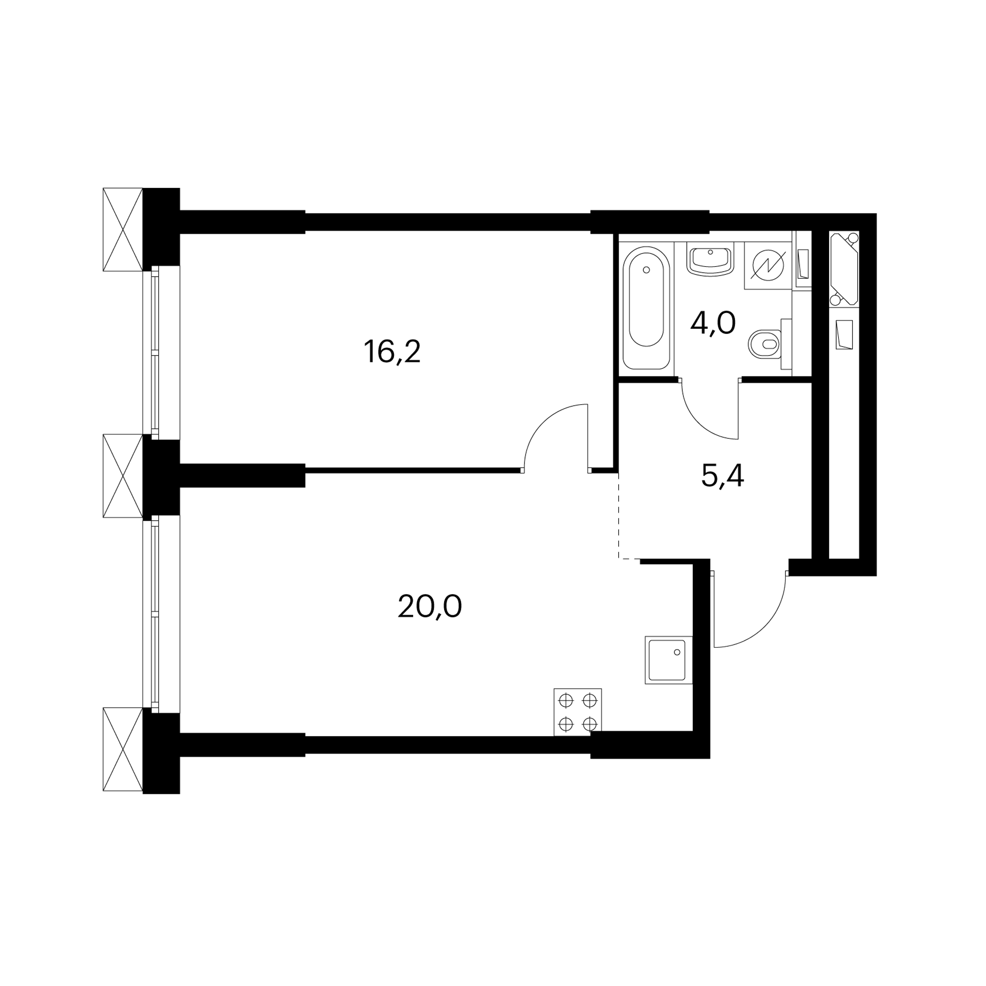 1-комнатные 44.6 м²