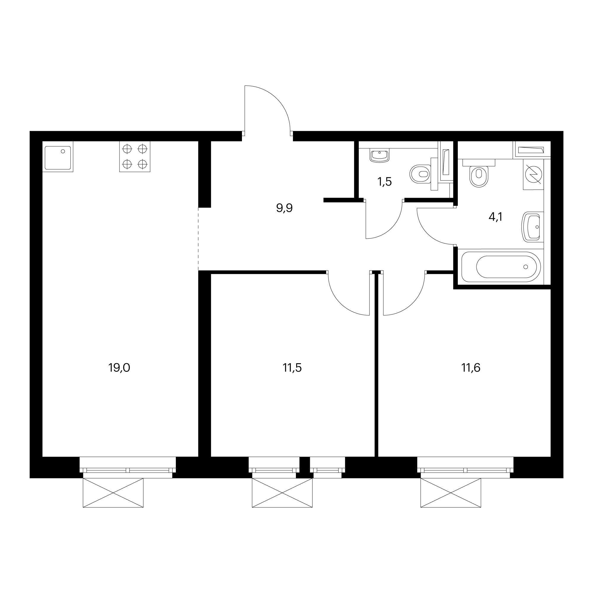 2-комнатная 57.4 м²