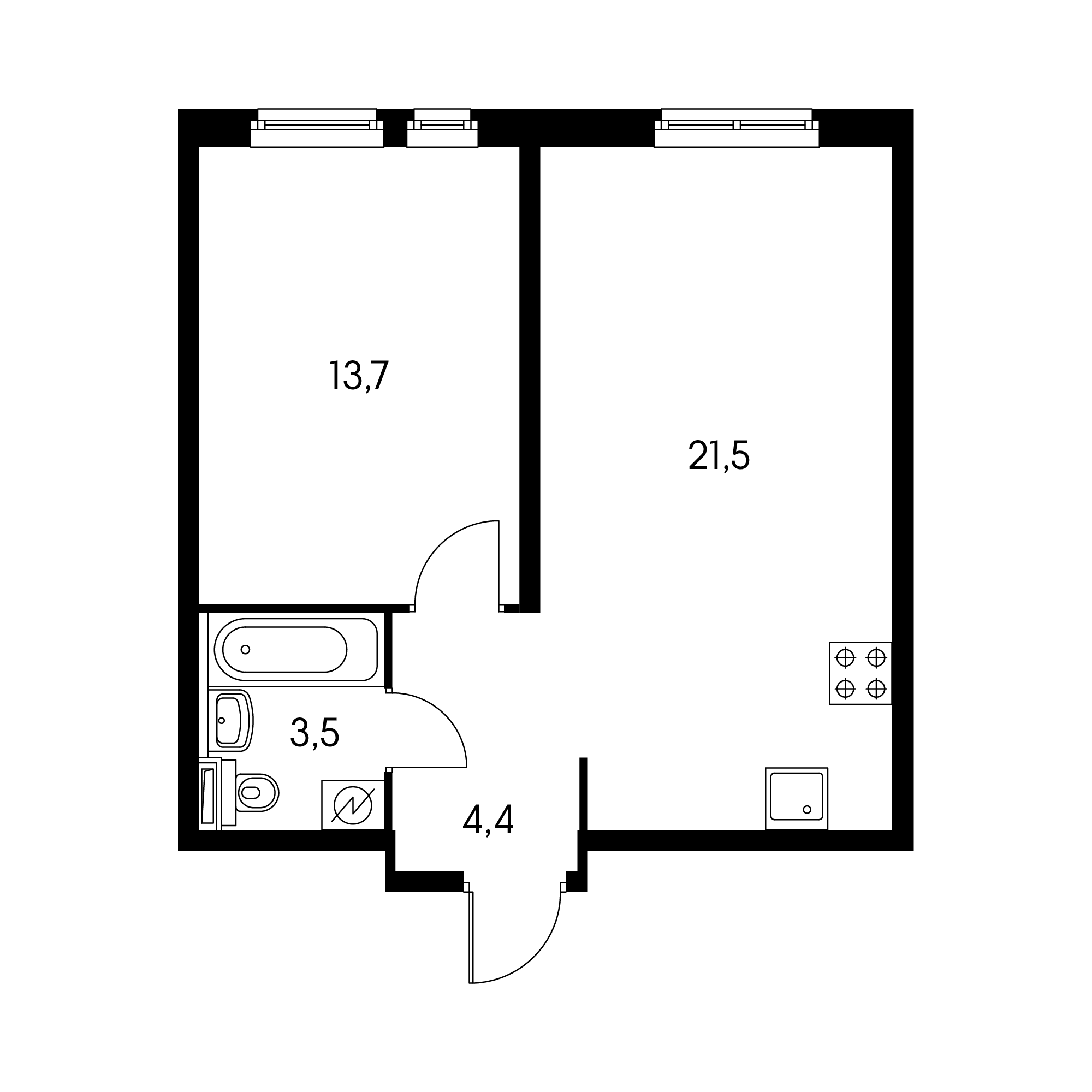 1-комнатная 43.5  м²