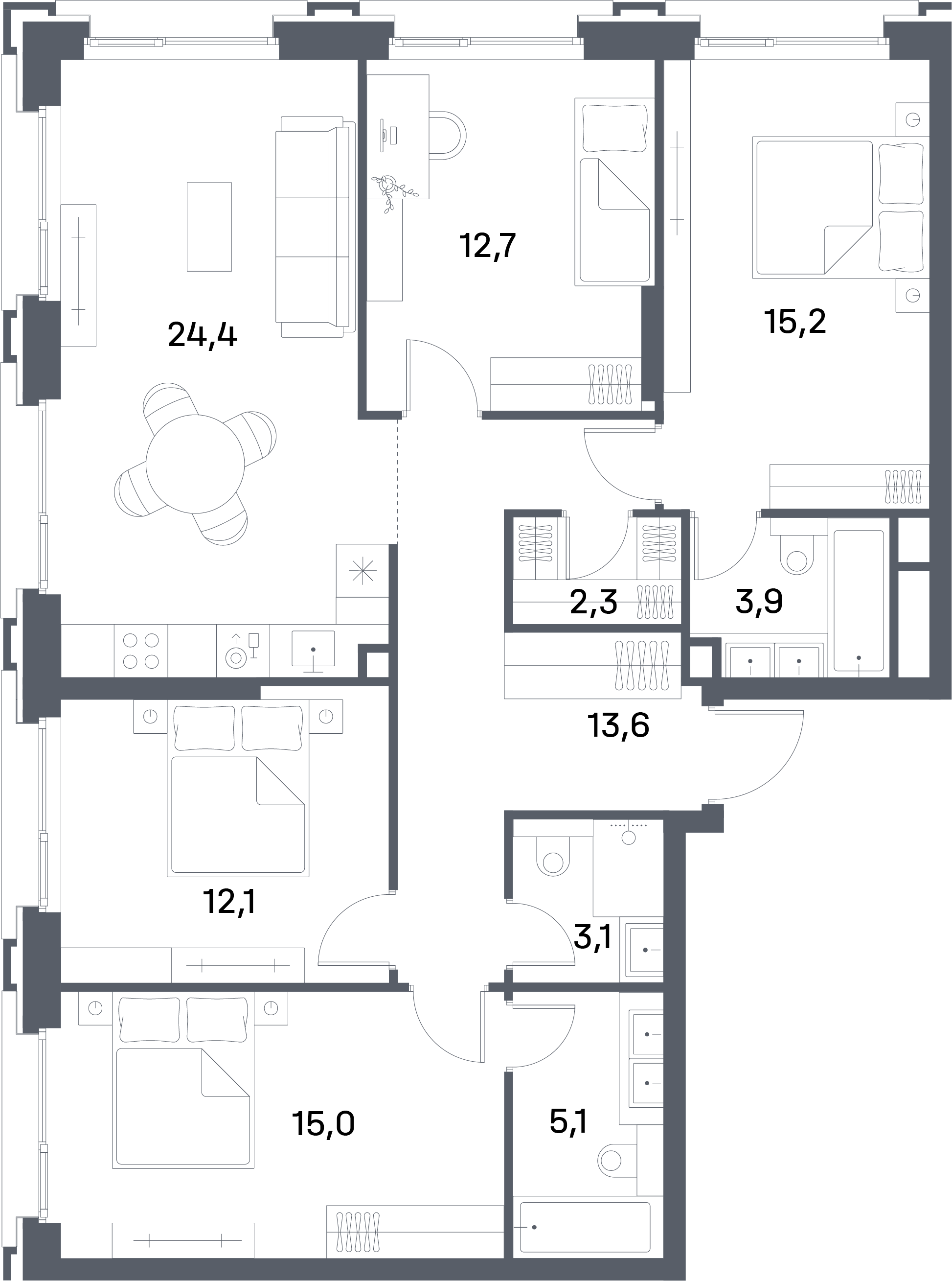 Планировка квартиры в проекте «Portland» от ПИК — площадью 107.4 м² и стоимостью 54 844 884 ₽